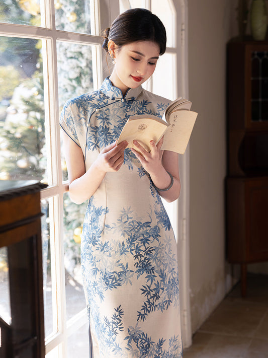 Blue Sea Bamboo 海蓝竹风 - Short Sleeve Bamboo Midi Blue Cheongsam