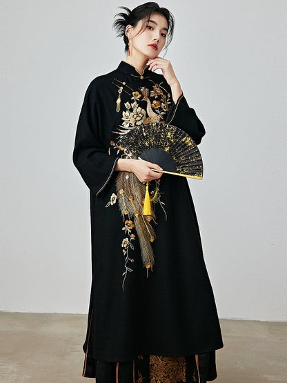 Golden Phoenix - Wool Cheongsam Dress for Autumn and Winter
