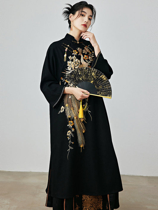 Golden Phoenix - Wool Cheongsam Dress for Autumn and Winter
