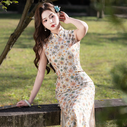 Crushed Fragrance 碎香 - Sleeveless Flower Painting Long Cheongsam