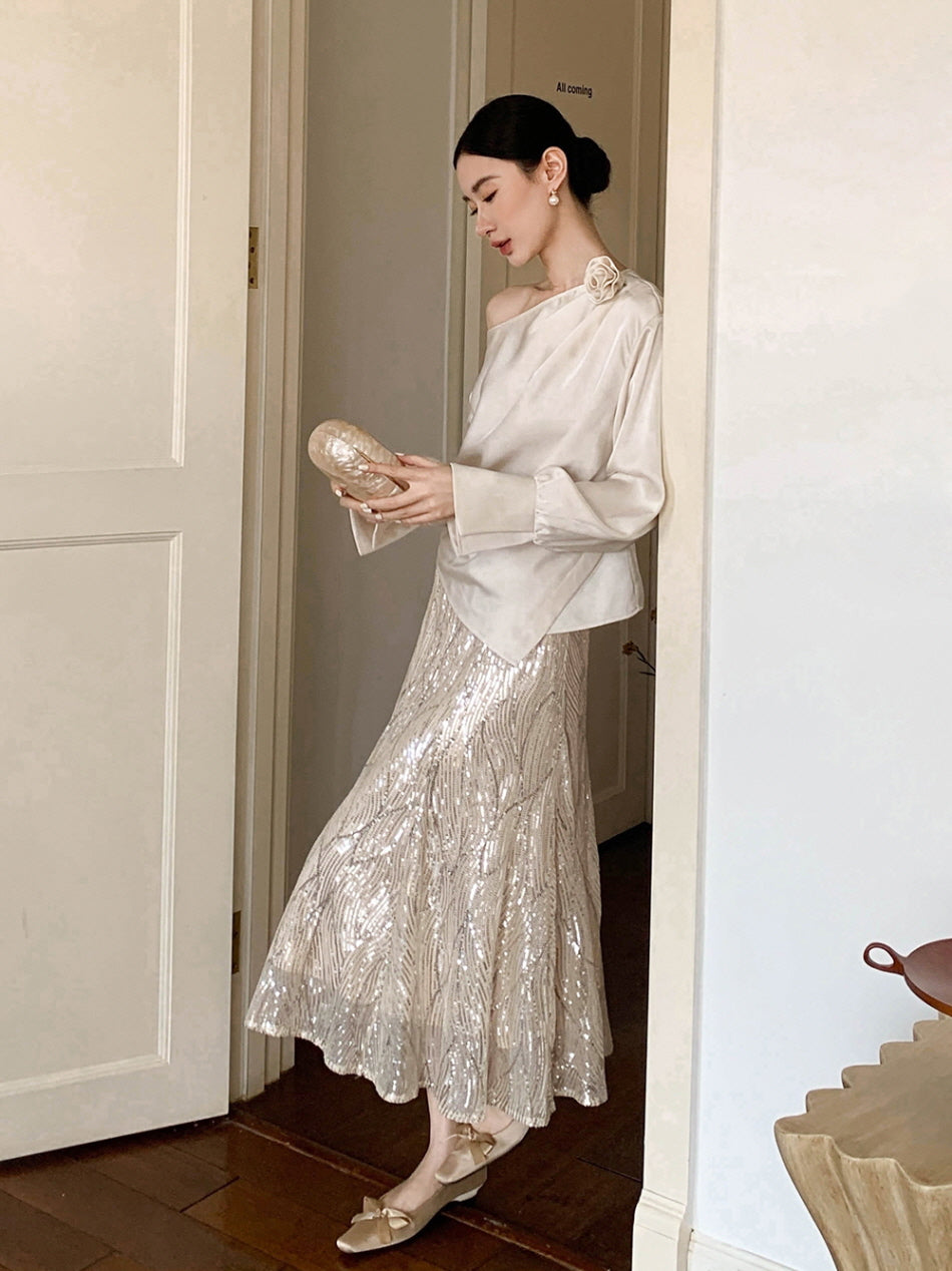 Champagne Sequin A-Line Skirt