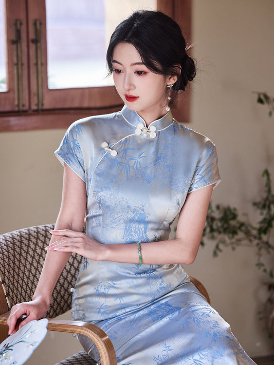 Indigo Iris - Short Sleeve Blue Bamboo Midi Cheongsam