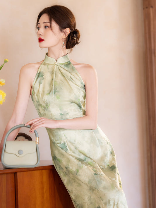 Minty - Halter Neck Satin Midi Green Cheongsam