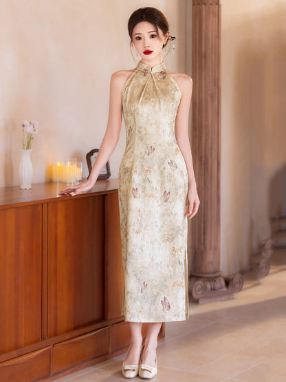 Warm Winds 暖黄雅风 - Halter Neck Satin Long Cheongsam