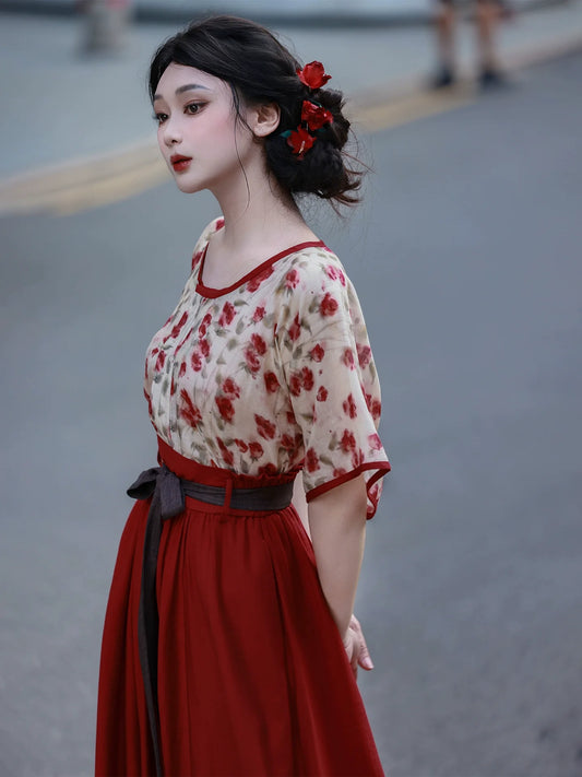 Rose Iced Tea 玫瑰冰茶 - Modern Tang Dynasty Hanfu Outfit (Preorder)