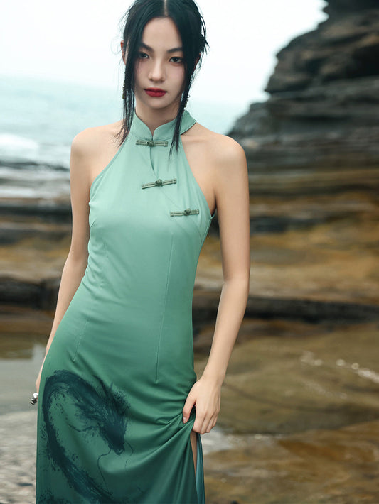 Dragonia - Women's Summer New Chinese Style Halter Neck Cheongsam Dress