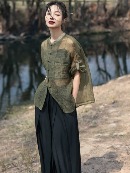 New Chinese Style Button See Through Shirt