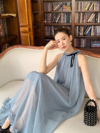 Blue Polka Dot Halter Maxi Dress