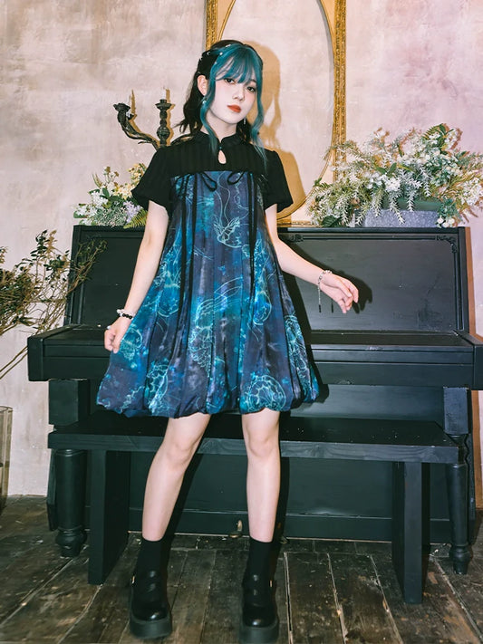 Floating Glow 蓝界浮荧 - New Chinese Sweet Short Sleeve Jellyfish Print Summer Dress (Preorder)