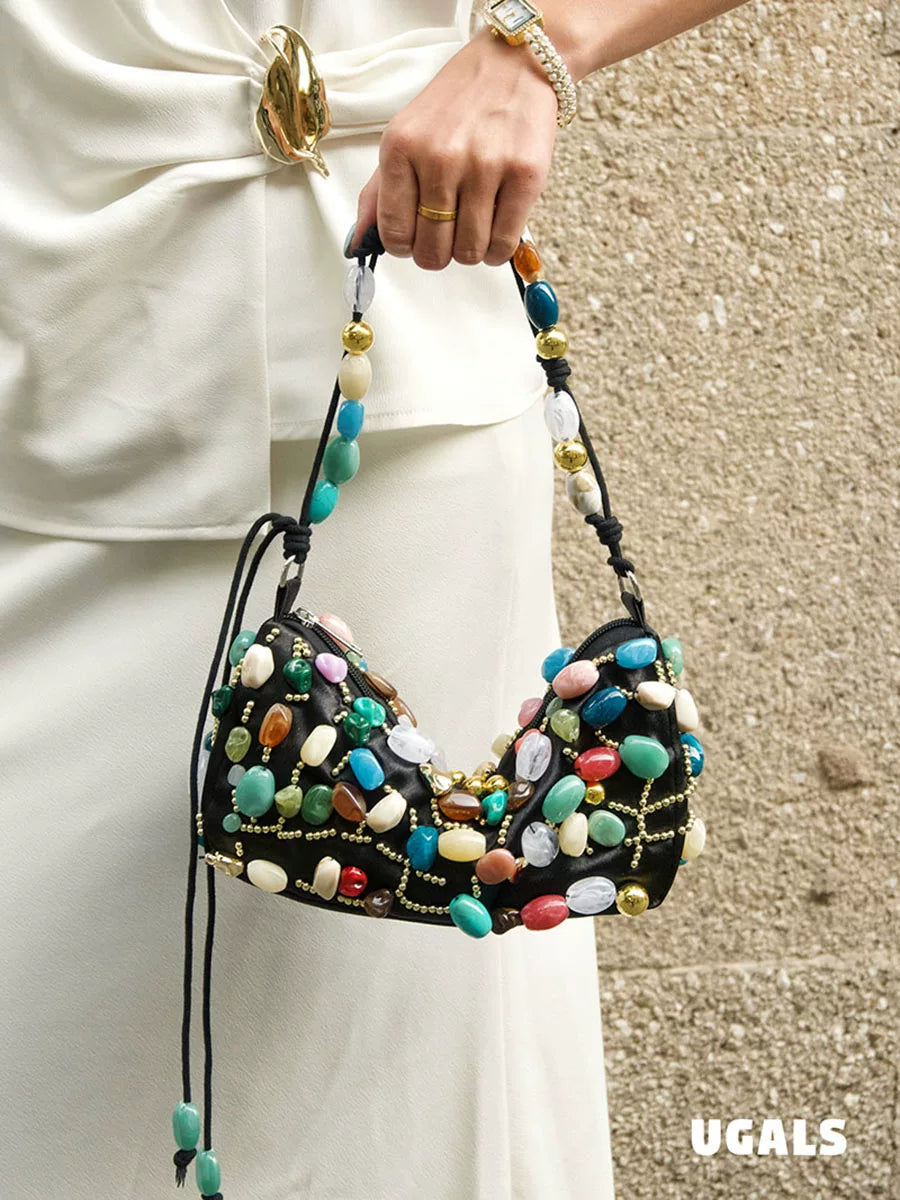 Colorful Stone Silk Satin Dumpling Clutch Bag