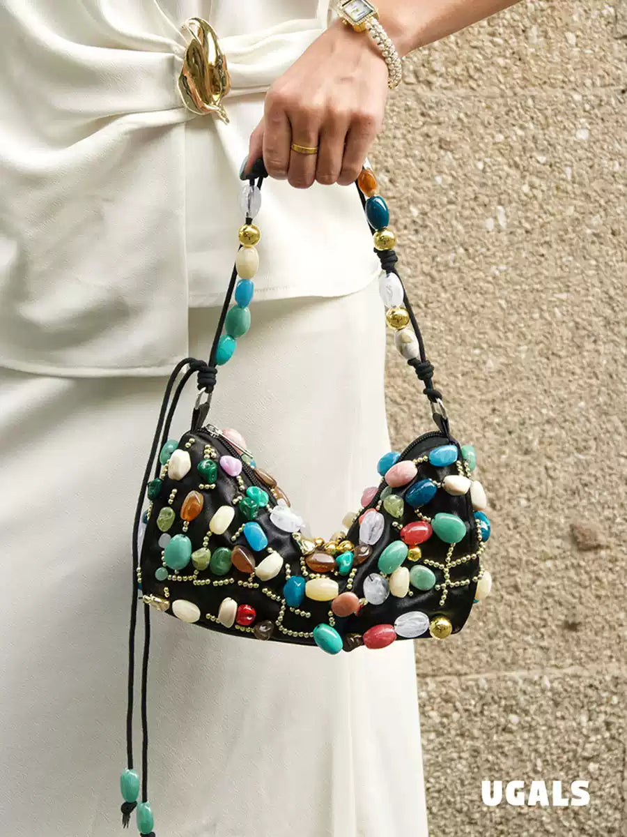 Colorful Stone Silk Satin Dumpling Clutch Bag