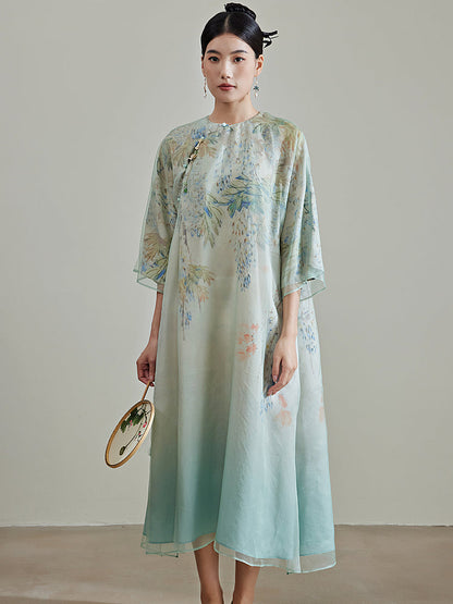 Flower Gradient - 100% Mulberry Silk Loose Cheongsam Dress