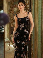 Black Velvet Sequin Floral Dress