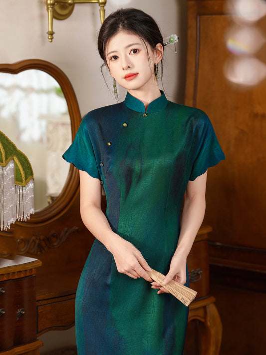 Cui Ying 翠影 - Scallop Sleeve Aurora Inspired Long Cheongsam