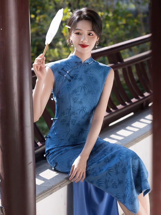 Sea Bamboo - Sleeveless Long Cheongsam Dress