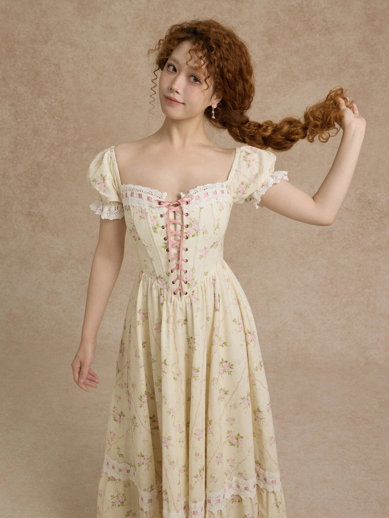 Vintage Rose Garden Lace-Up Off-Shoulder Dress