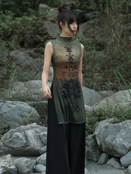 New Chinese Style Summer Slit See-Through Mesh Top