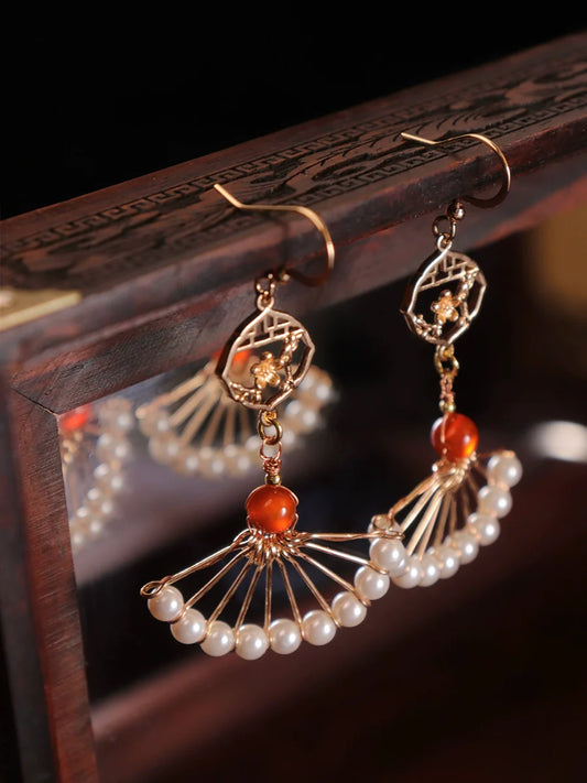 Fan Pearls Chinese Style Earrings