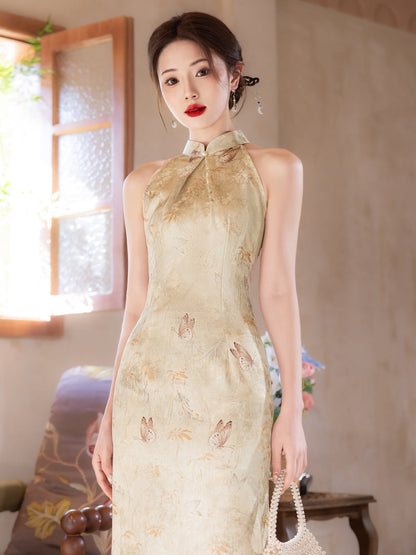 Warm Winds 暖黄雅风 - Halter Neck Satin Long Cheongsam