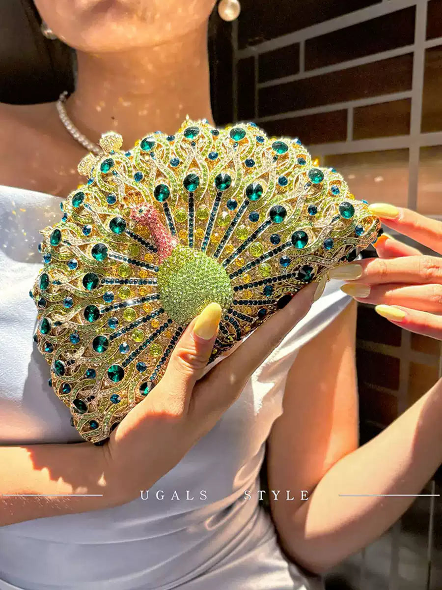 Rhinestone Embellished Peacock Evening Clutch Bag