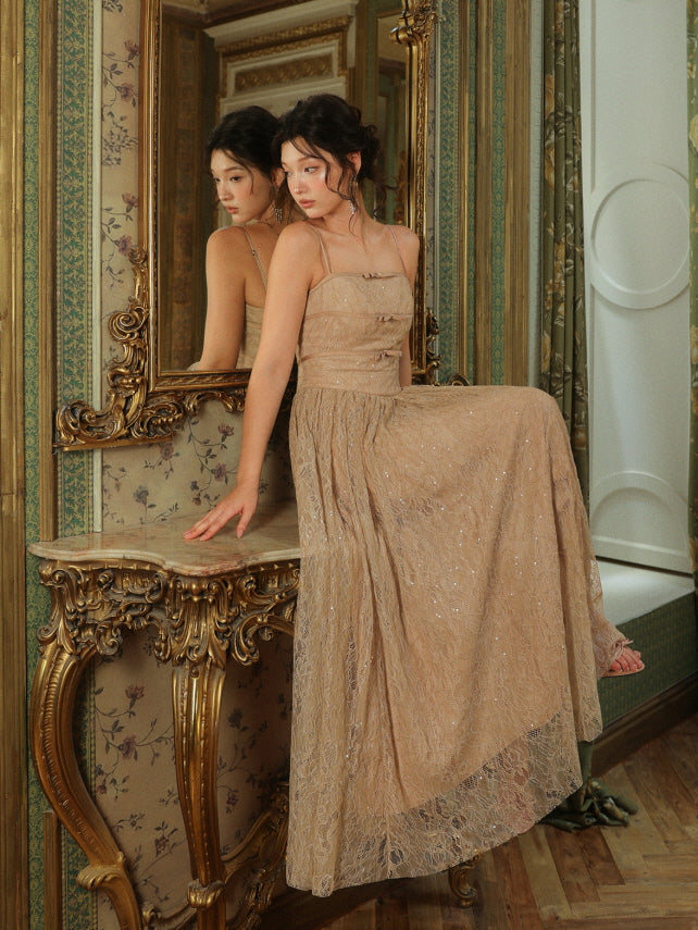 Champagne Lace Bow Evening Dress