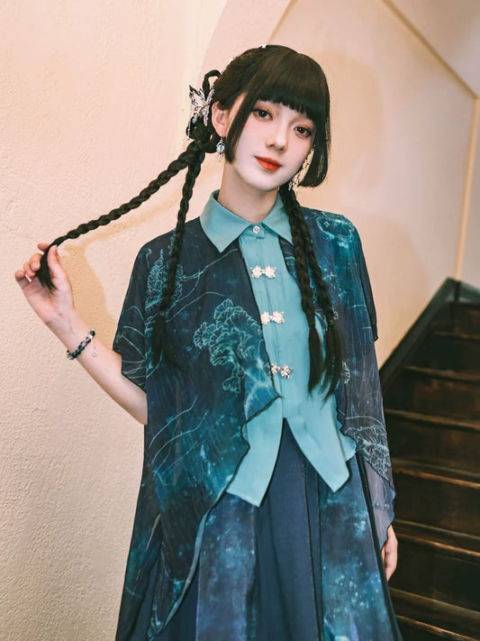Floating Glow Top 蓝界浮荧 - New Chinese Double Chiffon Cotton Shirt