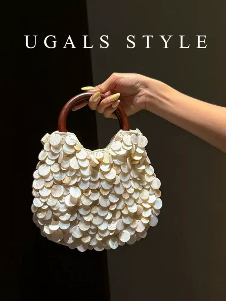 Handwoven Seashell Pearl Bucket Bag