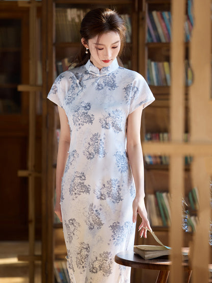 Lingxiu 灵秀 - Short Sleeve Blue Midi Cheongsam