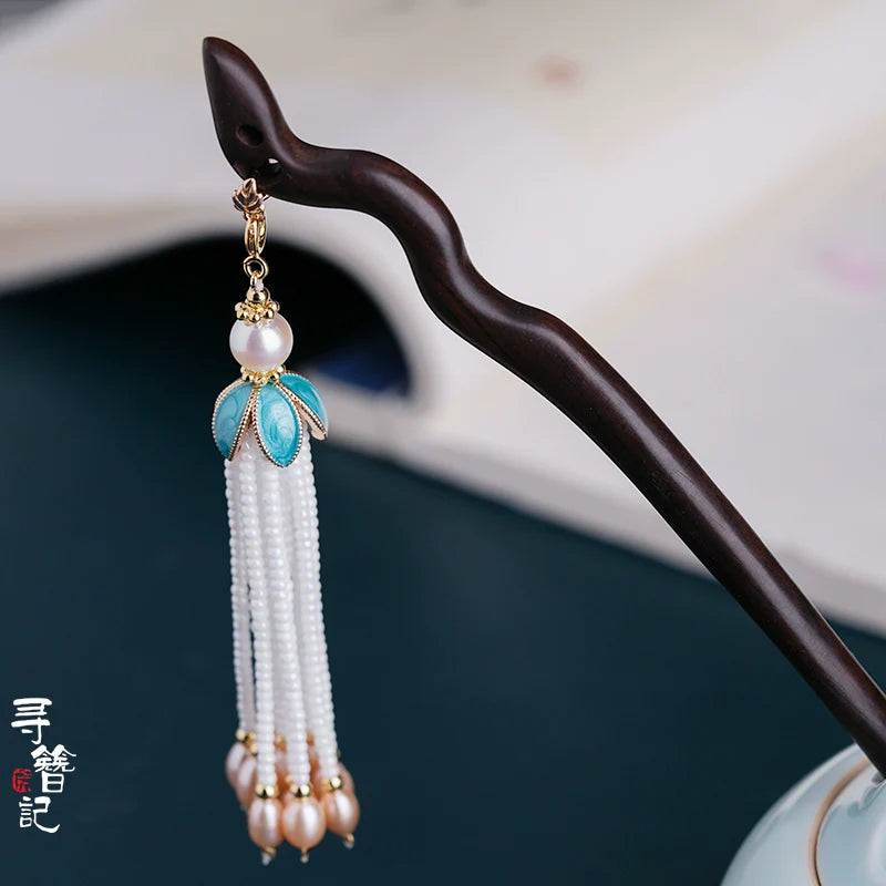 Ebony Tassel Hair Stick: Blue Leaves