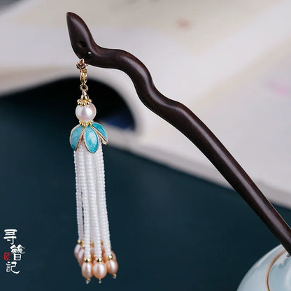 Ebony Tassel Hair Stick: Blue Leaves