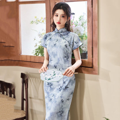 Pastel Flowers - Short Sleeve Floral Style Long Cheongsam