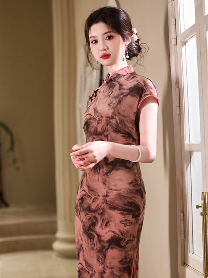 Velvet - Short Sleeve Vintage Red Long Cheongsam