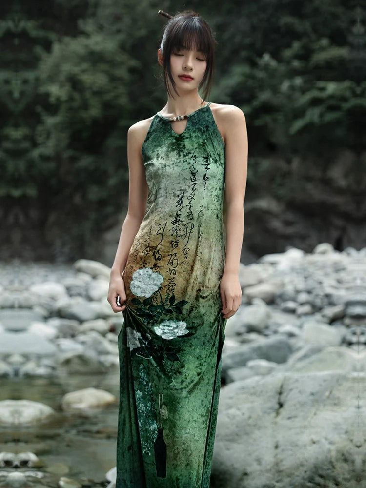 New Chinese Style Retro Cut Halter Neck Dress