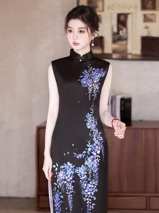 Brocade Wisterias - Sleeveless Floral Midi Cheongsam
