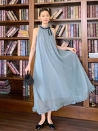 Blue Polka Dot Halter Maxi Dress