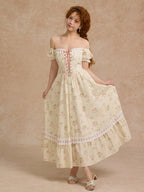Vintage Rose Garden Lace-Up Off-Shoulder Dress