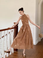 Golden Bloom Halter Dress