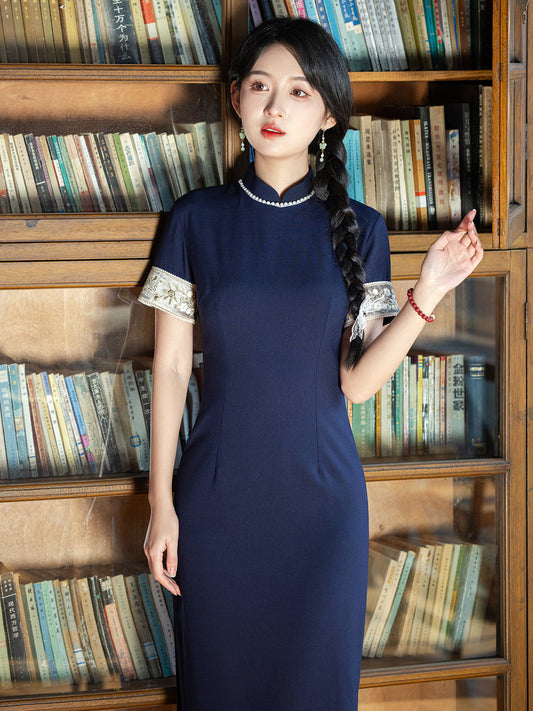 Graduation Season 毕业季 - Short Sleeve Blue Midi Cheongsam