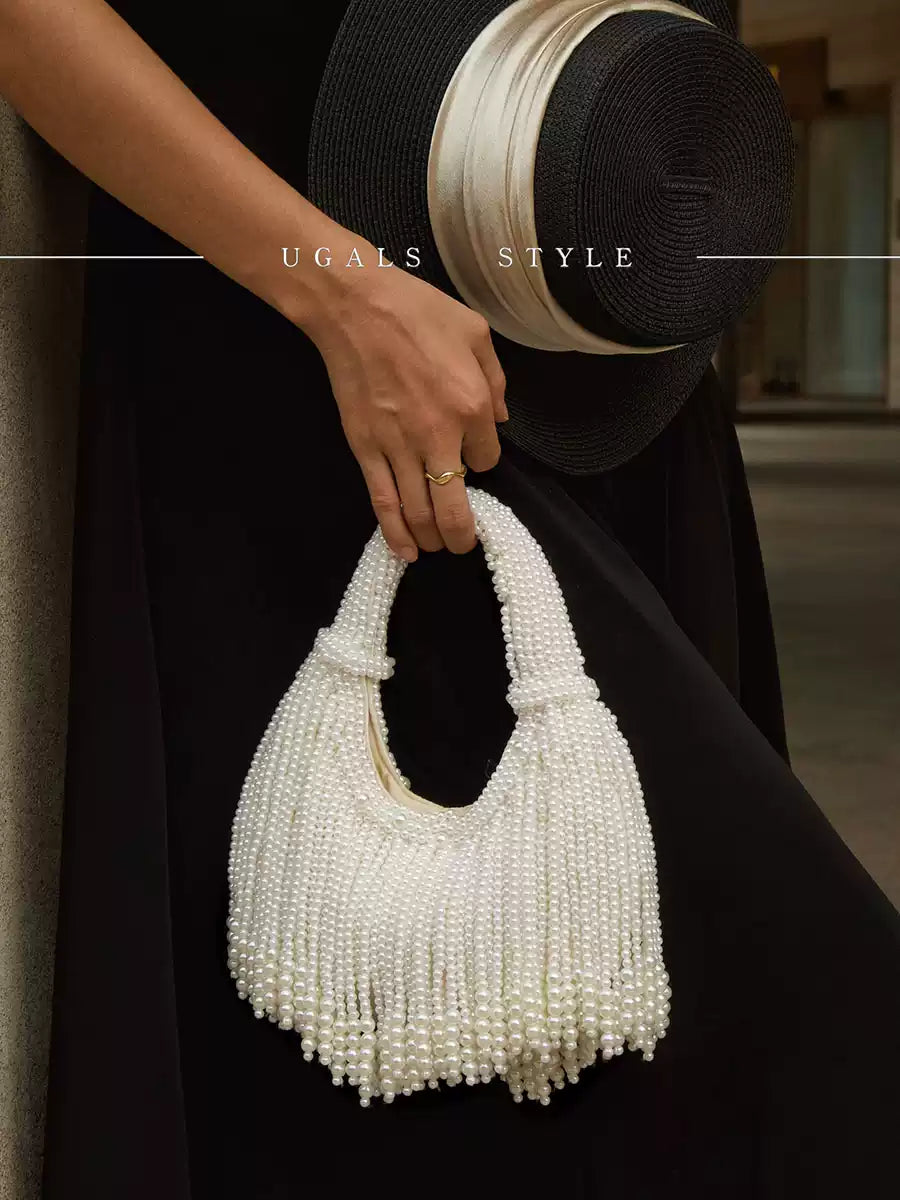 Vintage Hand-Woven Pearl Tassel Dumpling Tote & Evening Clutch Bag