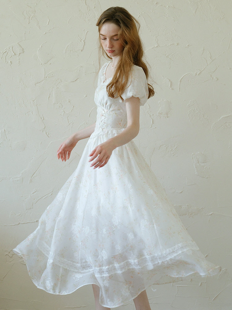 White Floral Corset Waist Dress