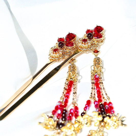 Long Tassels Hair Pin: Glazed Ruby