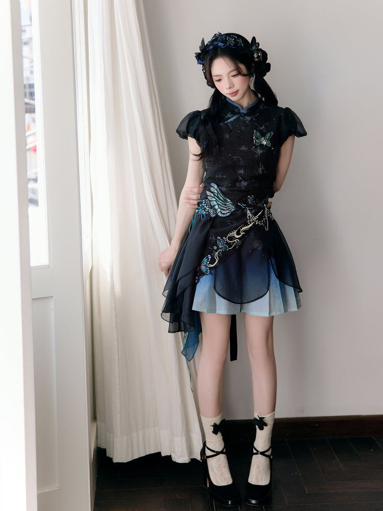 Butterfly Under The Lamp 灯下蝶 - New Chinese Style Eclectic Cheongsam Top and Mamianqun Set (Preorder)