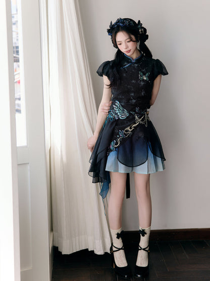 Butterfly Under The Lamp 灯下蝶 - New Chinese Style Eclectic Cheongsam Top and Mamianqun Set (Preorder)