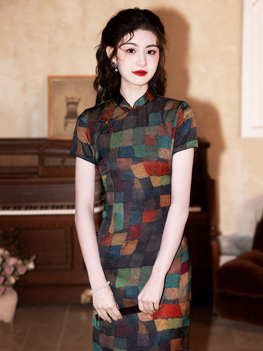 Black Rhyme 黑韵彩格 - Short Sleeve Retro Style Checkered Cheongsam