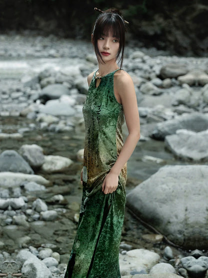 New Chinese Style Retro Cut Halter Neck Dress