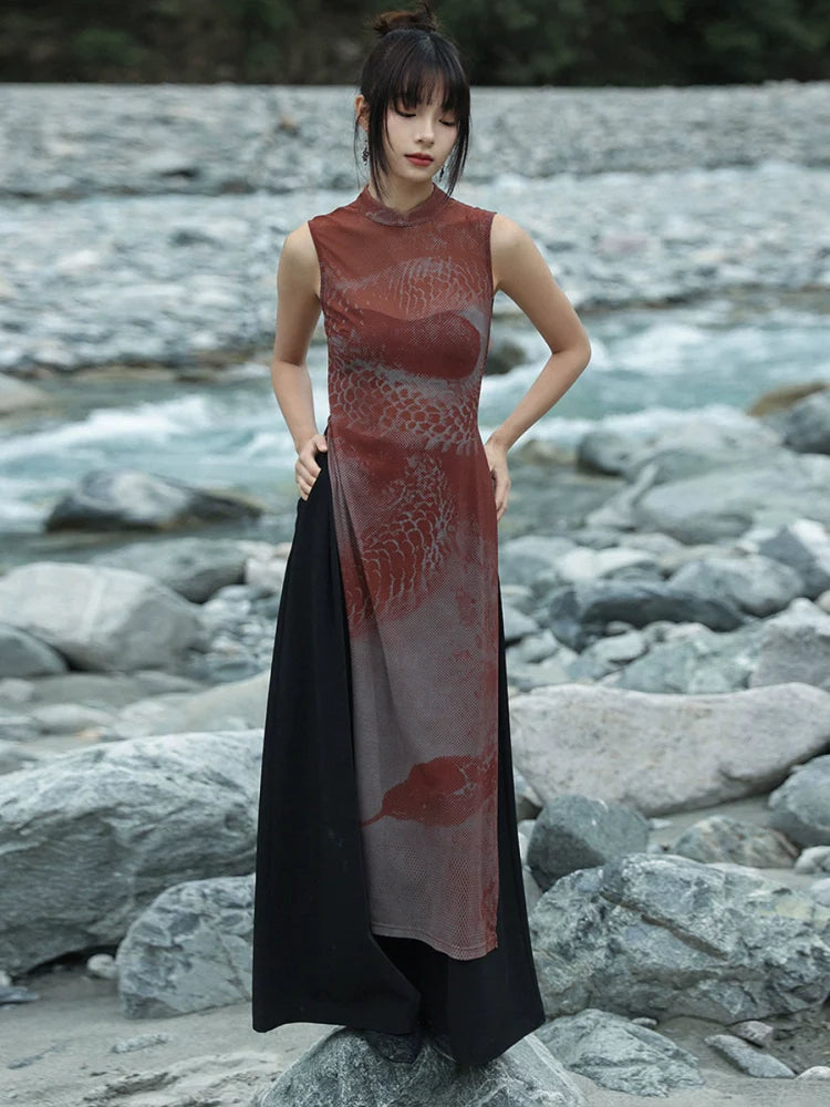 New Chinese Style Summer Slit See-Through Mesh Dress