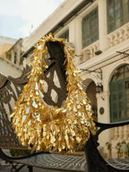 Vintage Hand-Woven Gold Sequin Bead Embellished Tote – Tasseled Dumpling-Shaped Bag