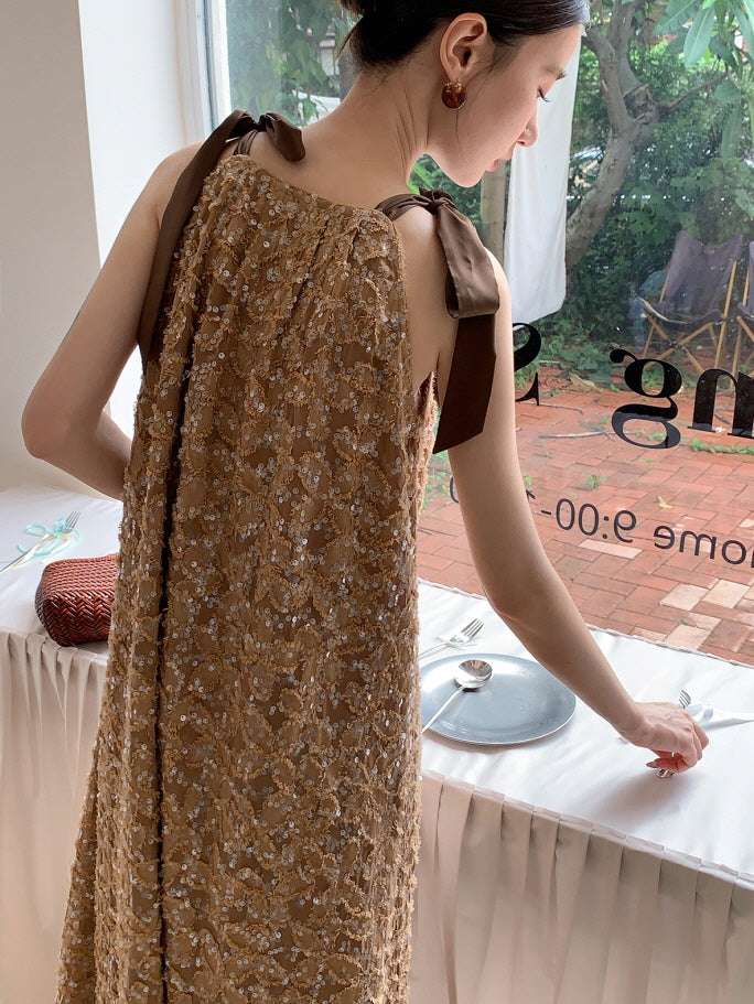 Golden Sequin Ribbon Strap Dress