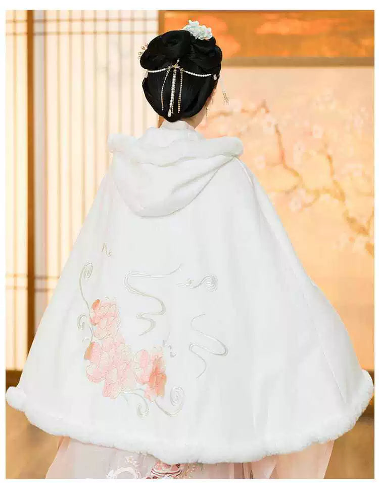 Flowers - Plus-size Hooded Fleece Cloak for Hanfu