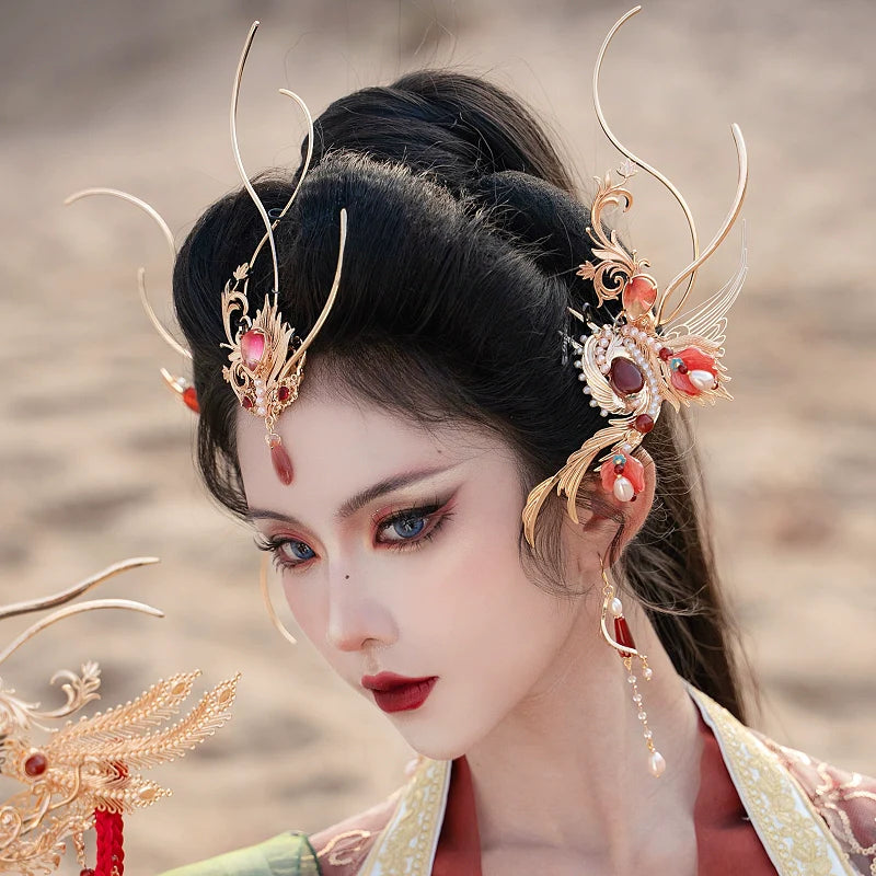 Hanfu Hair Accessories Set: Red Flame Moon Song